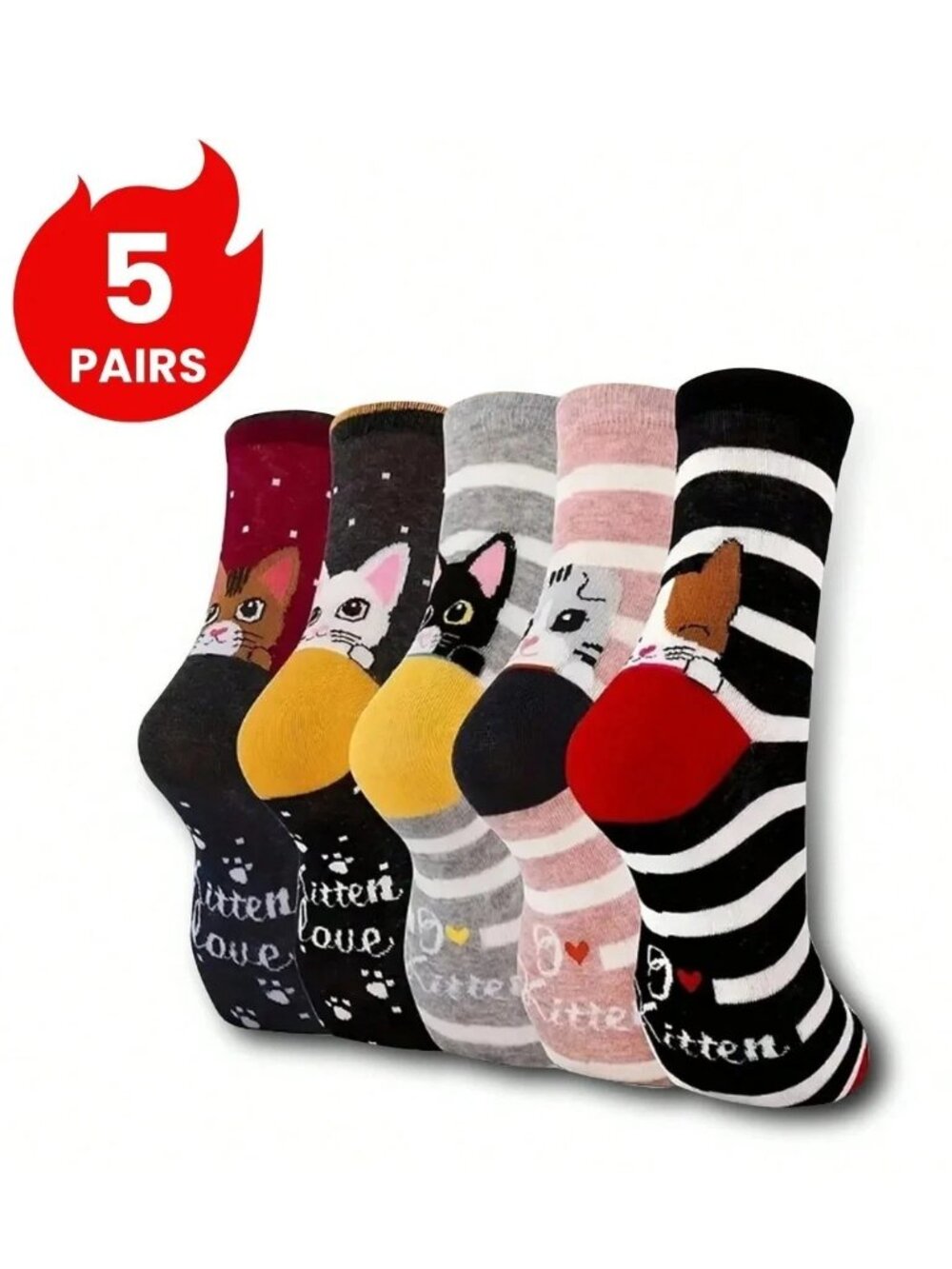 5-Pack Women's Cute Cartoon Cat Kitten Love Mid Crew Cut Ankle Socks Mixed Set